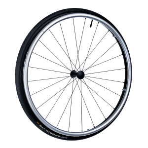 Koło pełne OMOBIC SMARTLITE 25'', łożysko 1/2'', czarno-srebrna obręcz, srebrny alu. ciąg, cz. Pneumatyczna opona, dętka